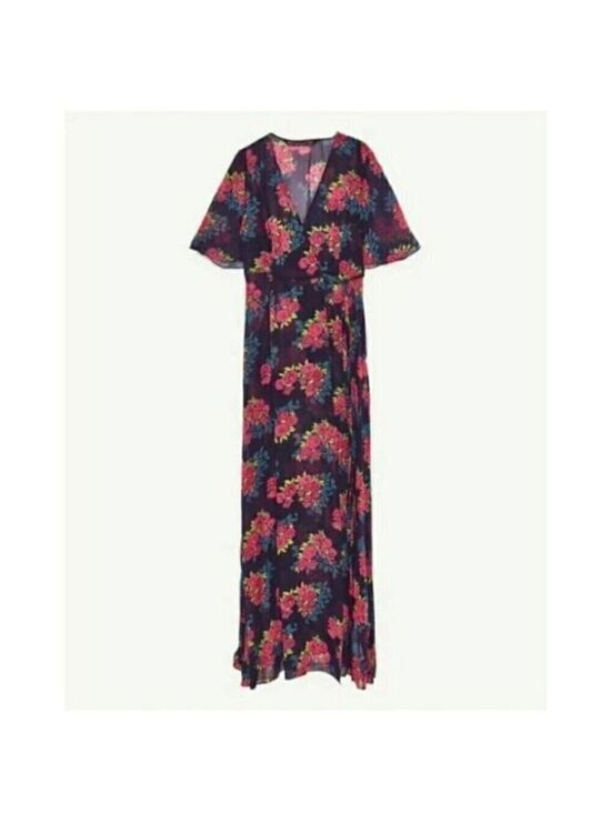 Zara Dresses & Skirts - Zara Blue Maxi Wrap Dress Sheer Floral Chiffon V-Neck Short Flutter Sleeve S